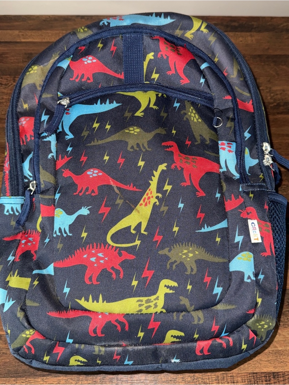 Crckt Toddler Dinosaur Print Backpack - Navy Blue, Red & Yellow